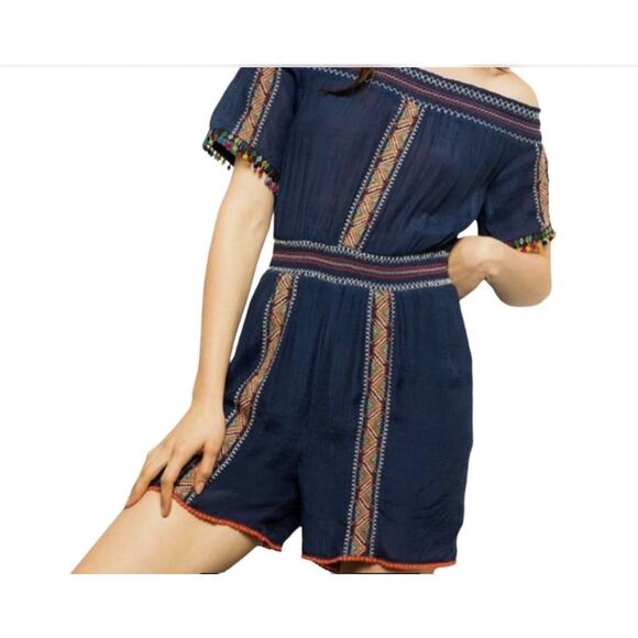 Letarte Romper Small Colorful Poms Off-Shoulder Beach Coverup Eclectic Boho - Picture 2 of 8